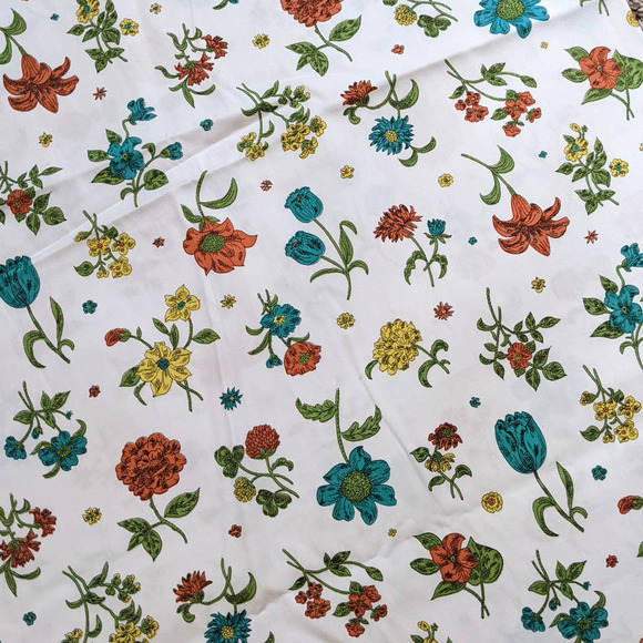 Vintage Mid-Century Floral Fabric, Day Lilies Tulips Mums, Blue Orange Yellow - Picture 4 of 10